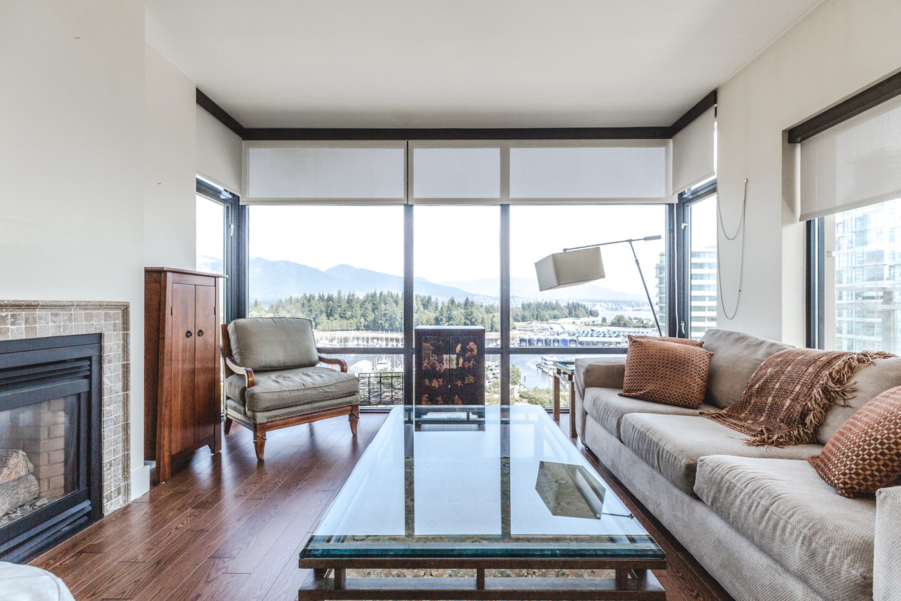 Living room of Downtown Vancouver condo with view.