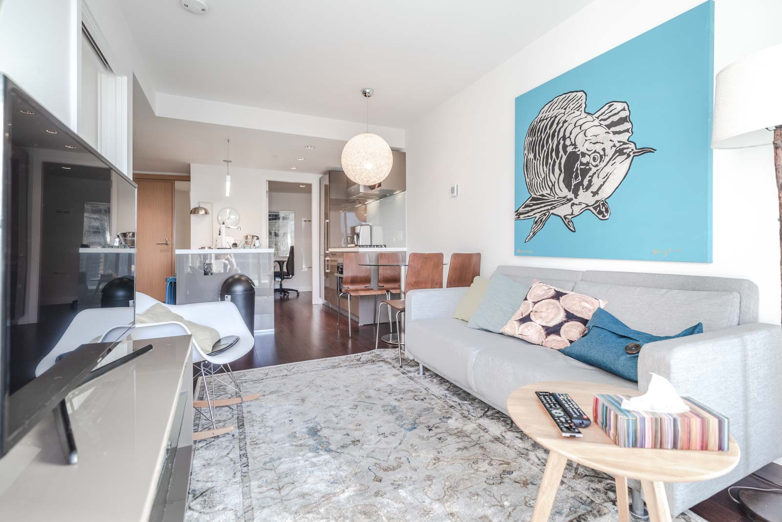 Furnished living area in Downtown Vancouver condo rental.