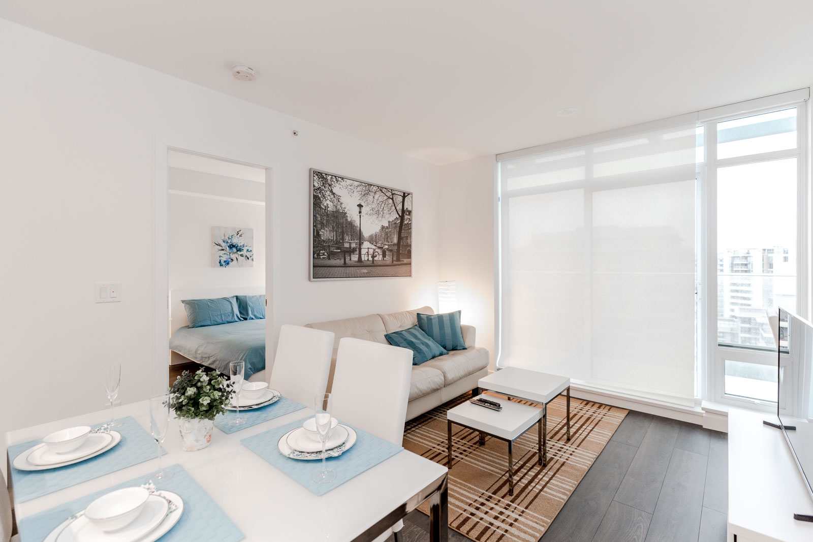 Blue and White Table Setting in Orchid Condo Building in Richmond
