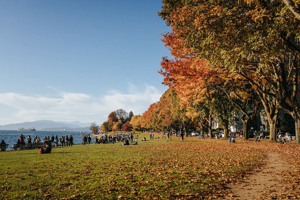 English Bay in the Fall with orange and yellow and red leaves