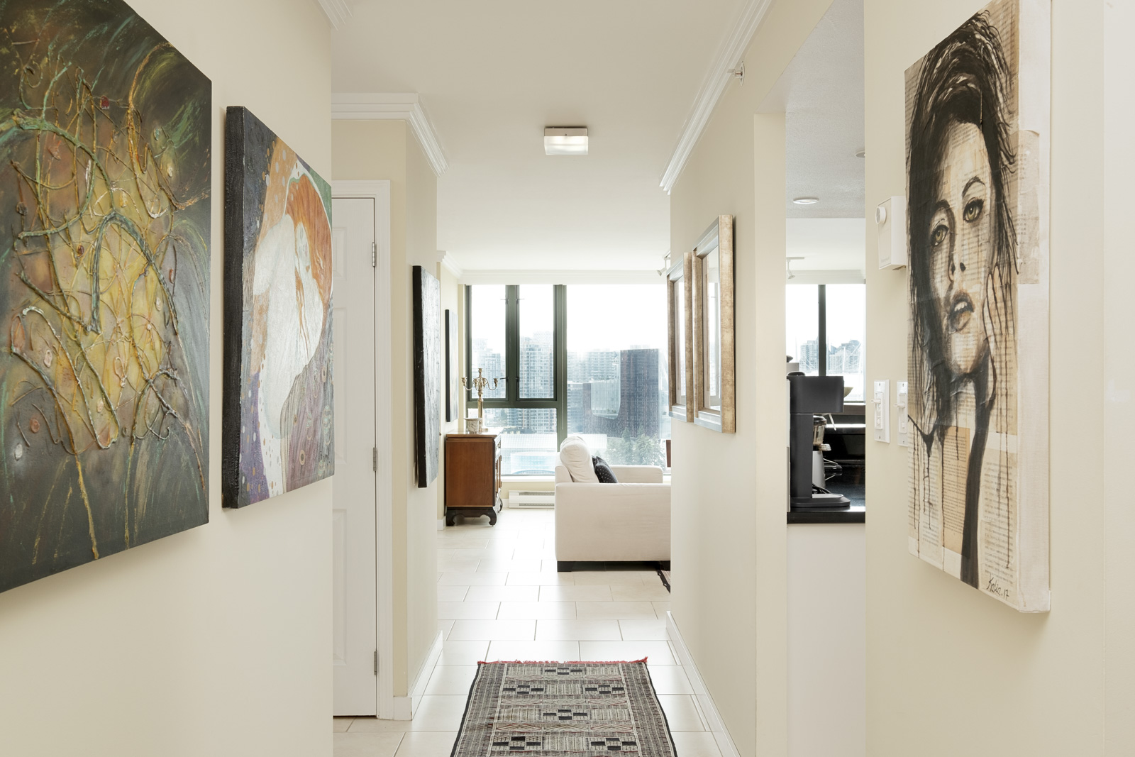 Hallway from entrance leading to living area of furnished Vancouver rental.