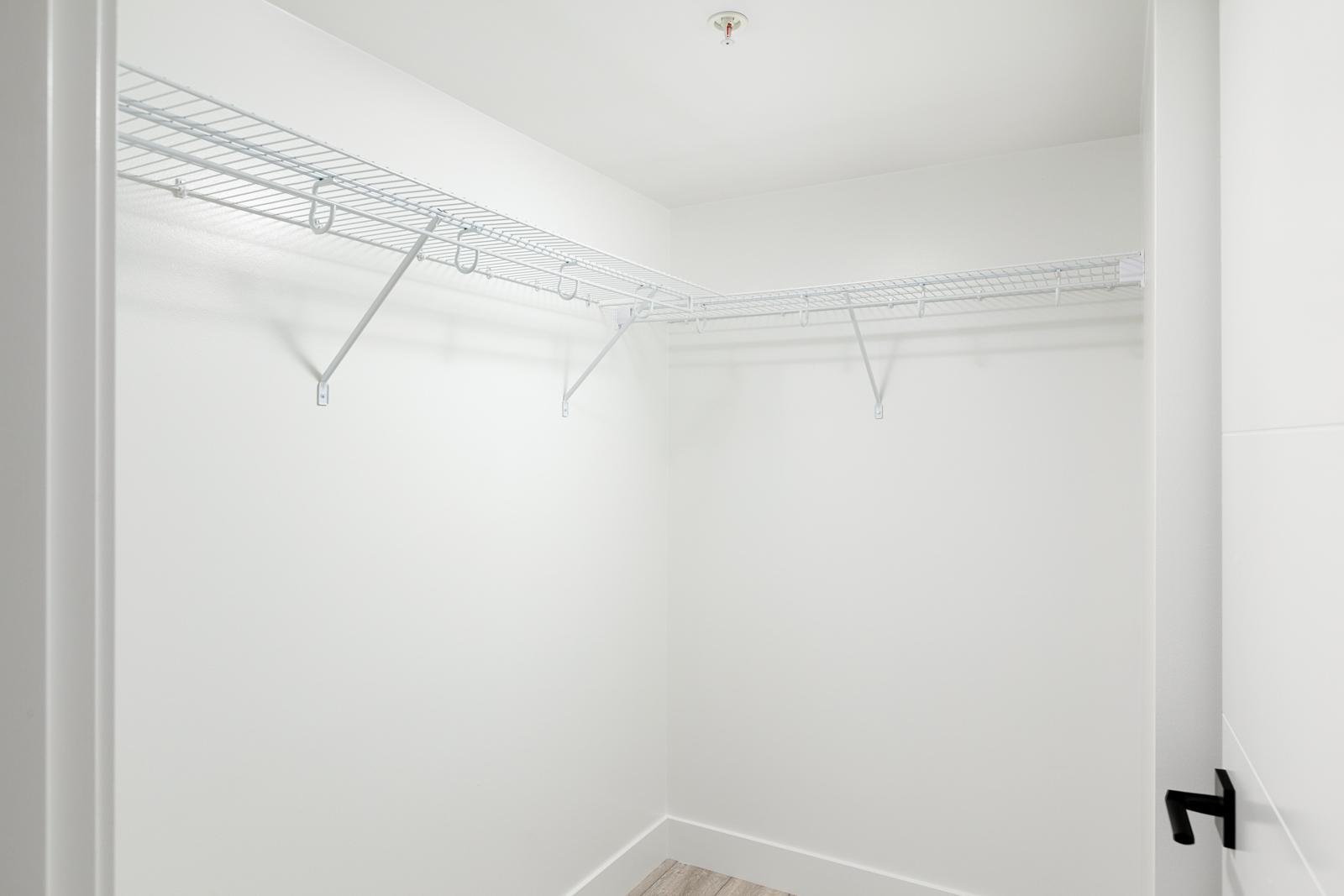 Empty white walk-in closet with wire shelving on three walls and a closed door.