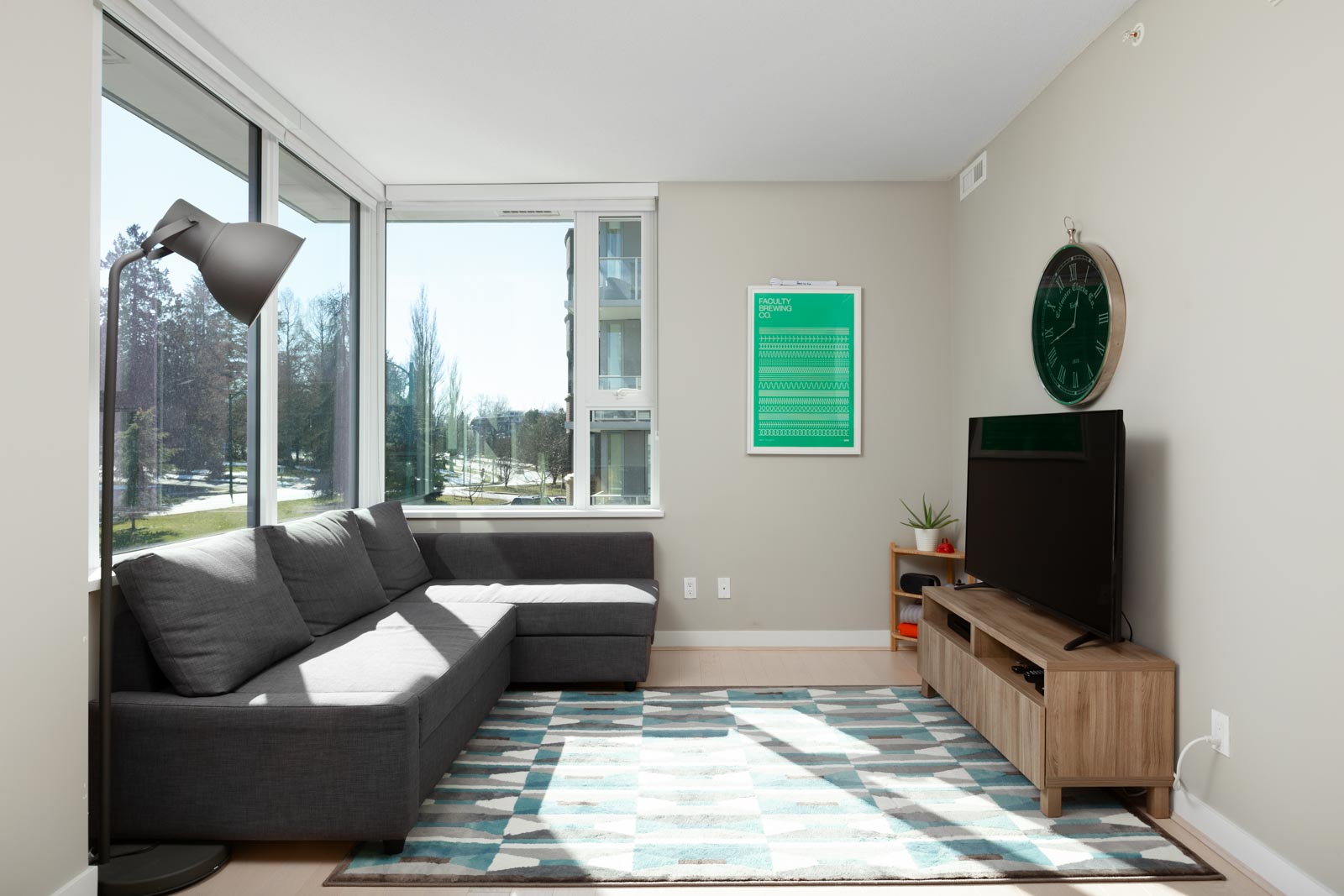 Living room with views from Vancouver rental condo.