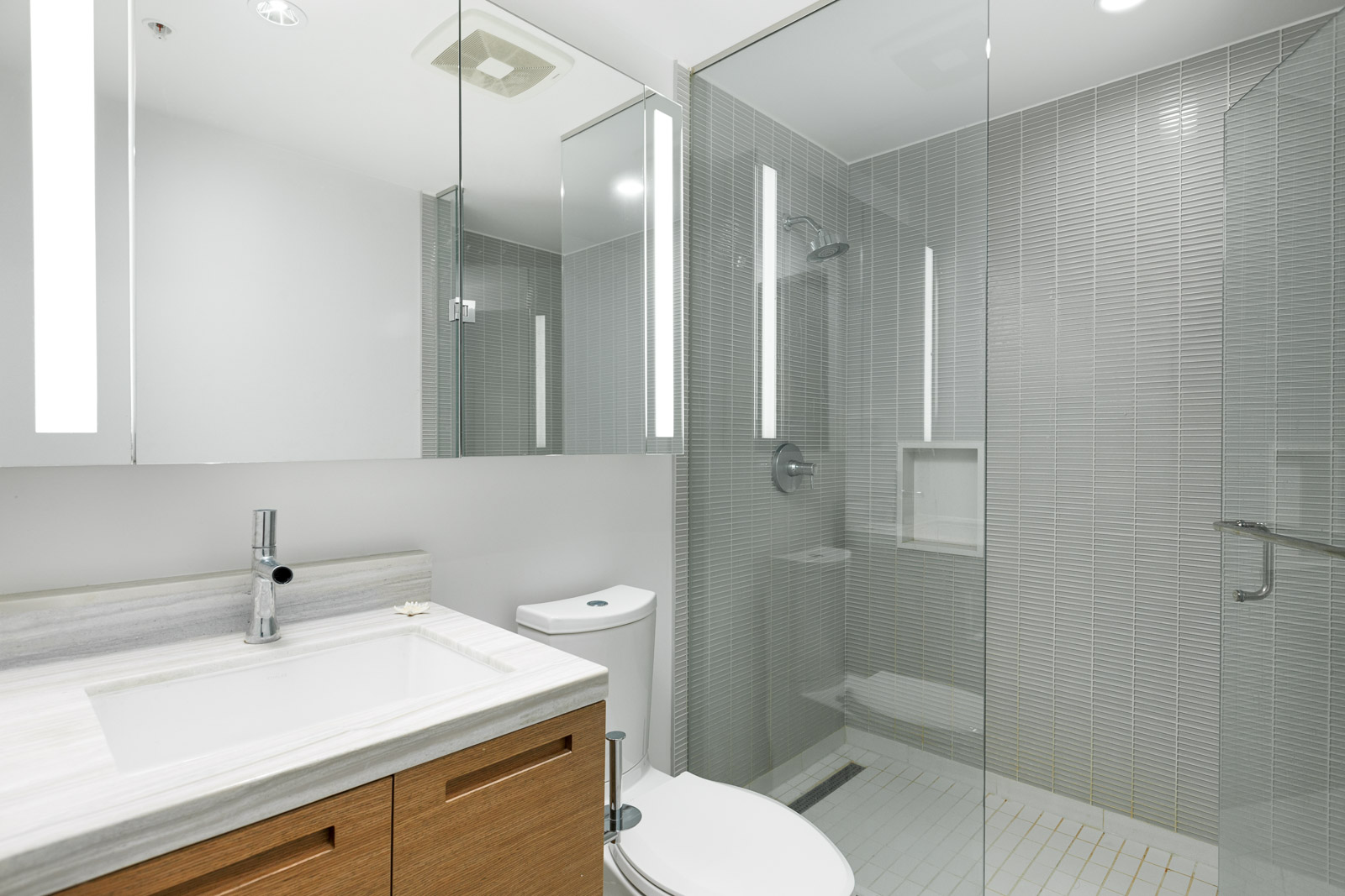 Bathroom with walk-in shower in Downtown Vancouver condo.