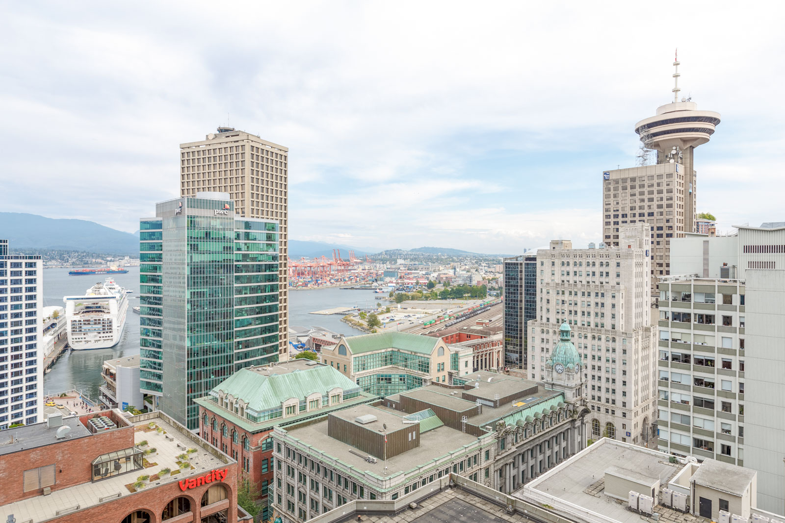 View to northeast and of Harbour Centre in Downtown Vancouver from Jameson House condo building