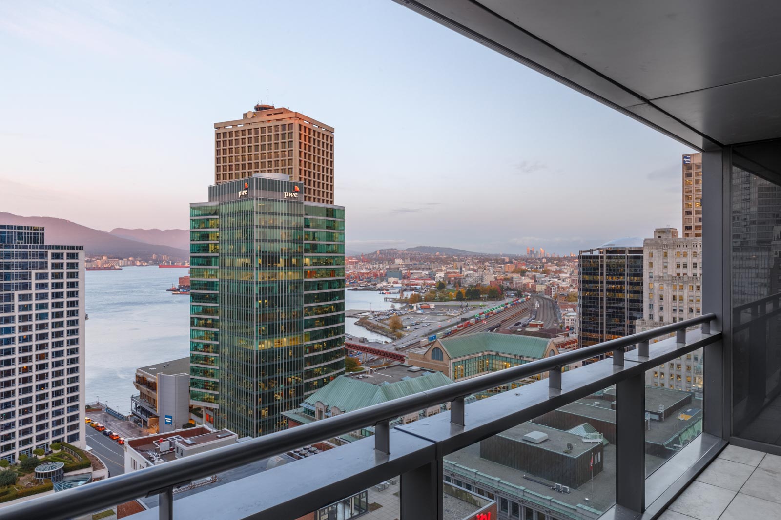 looking out at downtown vancouver from balcony of jameson house condo