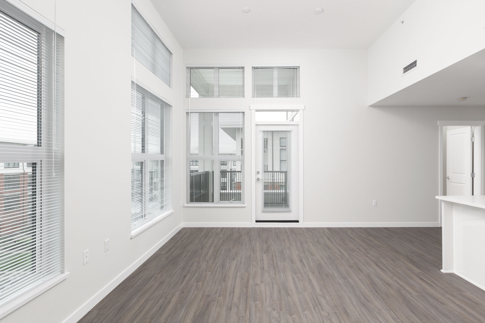 empty townhouse room with windows and hardwood floor