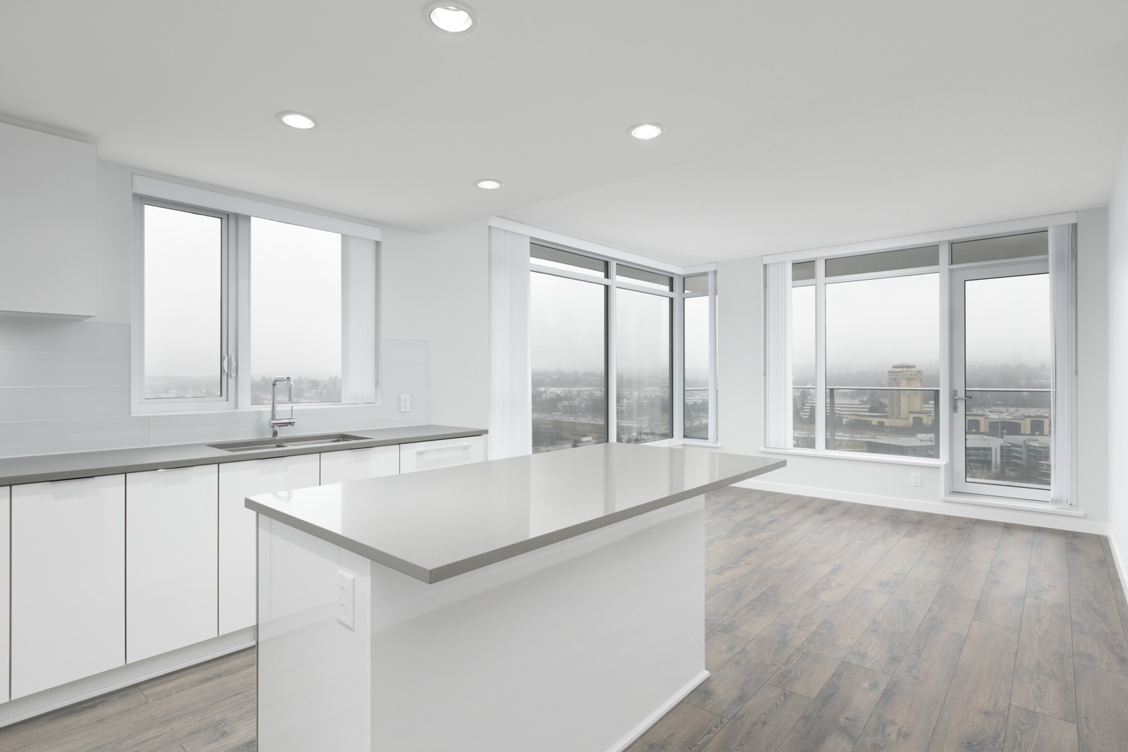 kitchen island counter in empty new rental condo at fulton house on madison in brentwood neighbourhood of burnaby