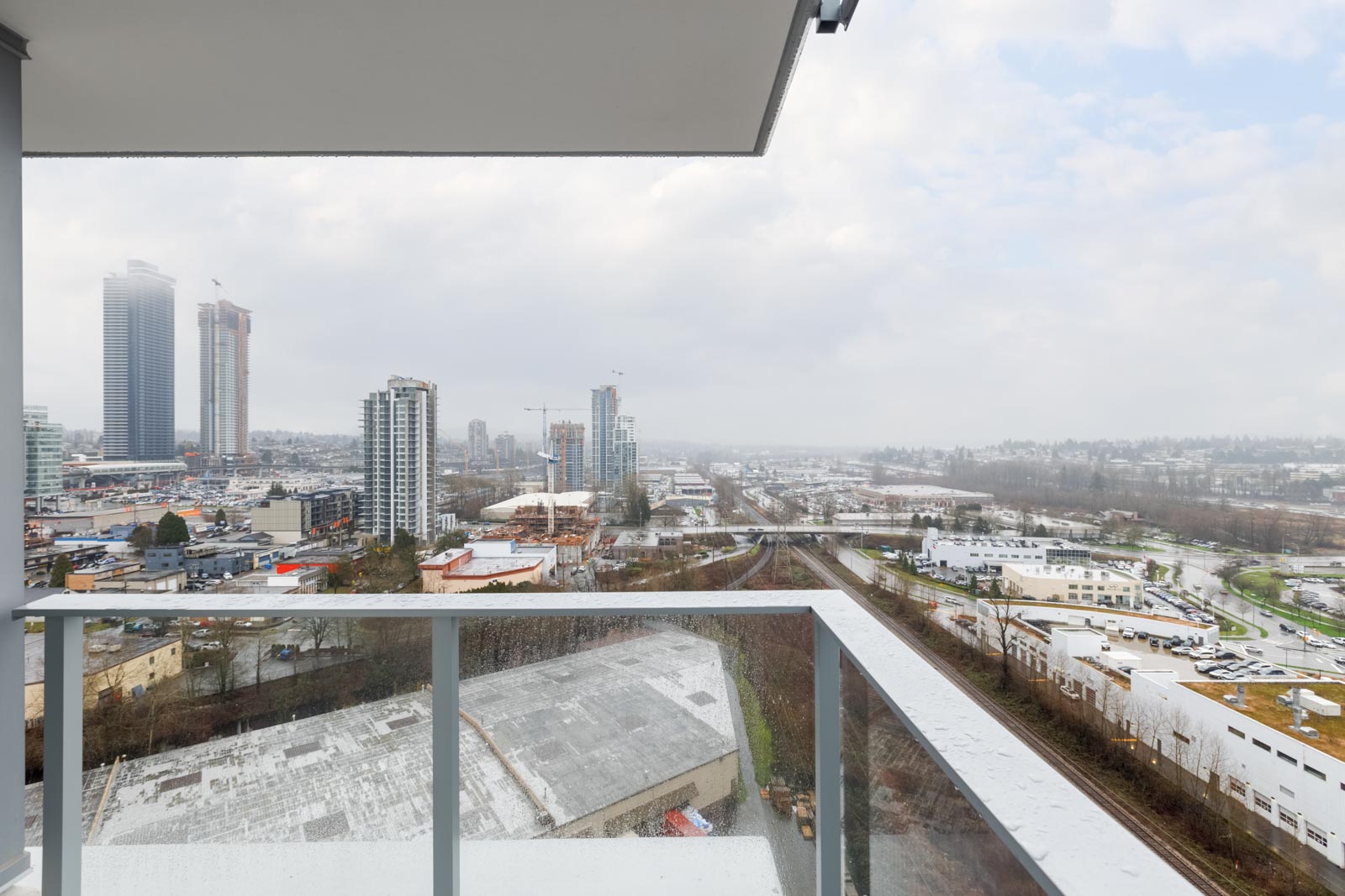corner railings of balcony of new rental condo at fulton house on madison in brentwood neighbourhood of burnaby