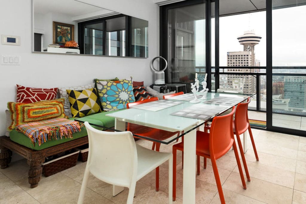 colourful pillows in living room at jameson house vancouver