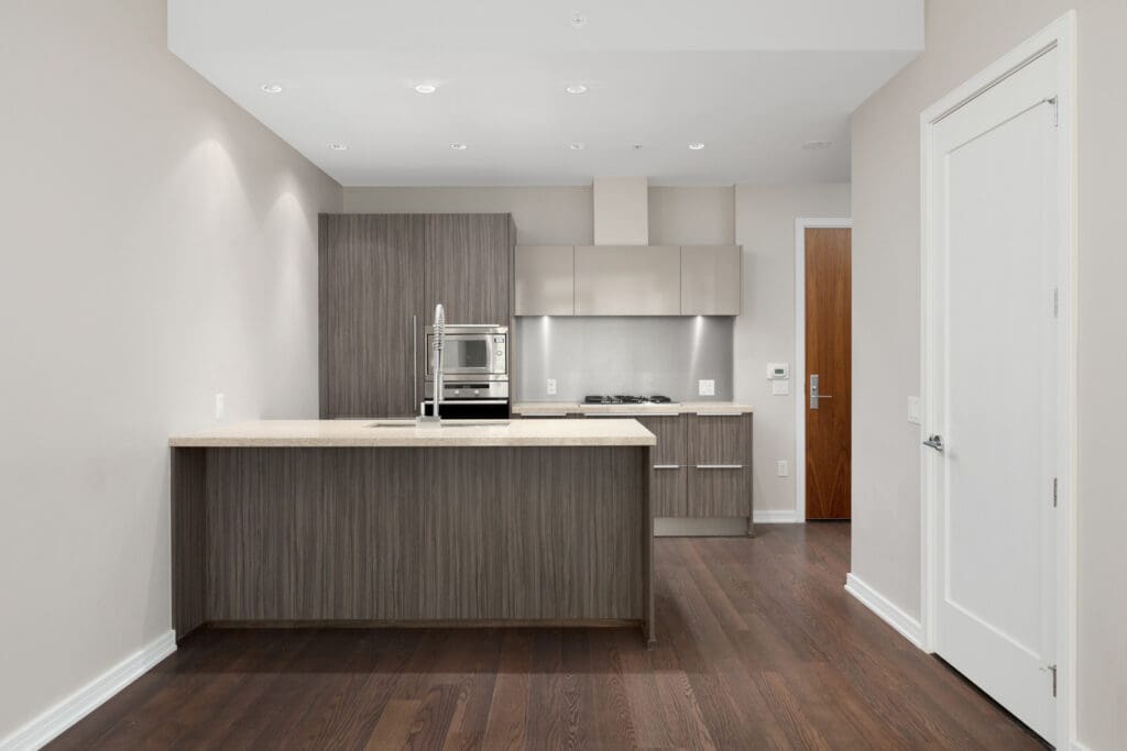 kitchen view of 1633 ontario street. you can find the door the right, with the kitchen in the middle.