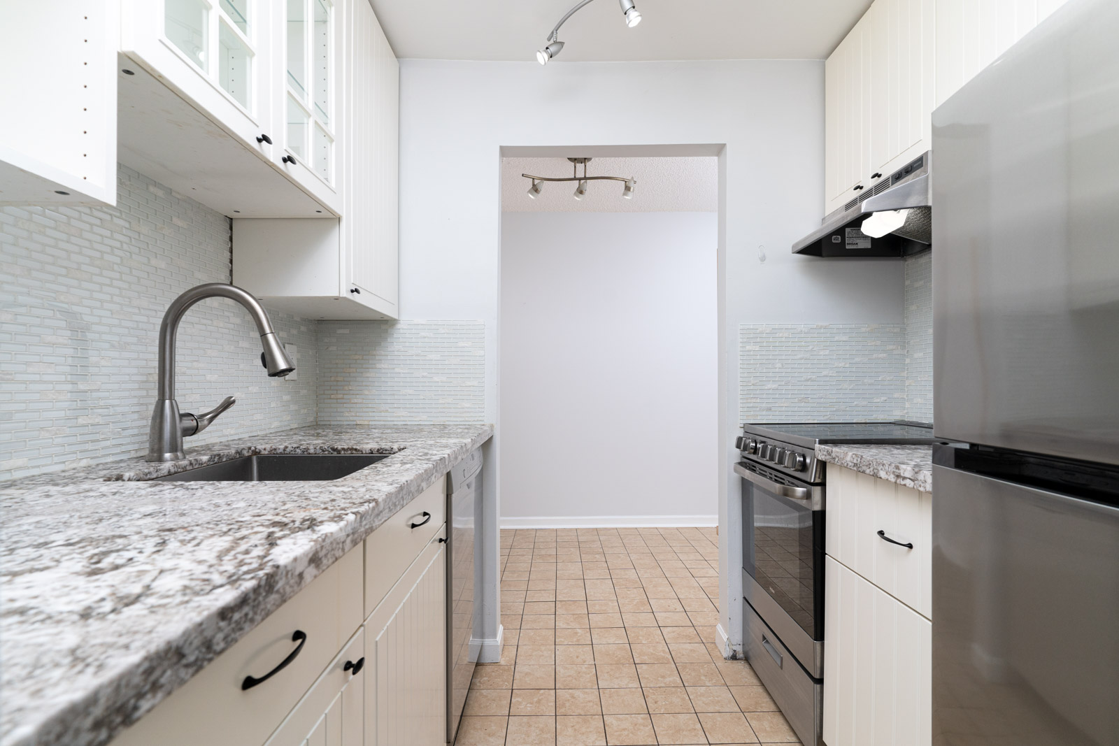 kitchen in condo in the mount pleasant neighborhood of vancouver; granite countertop kitchen with stainless steel appliances