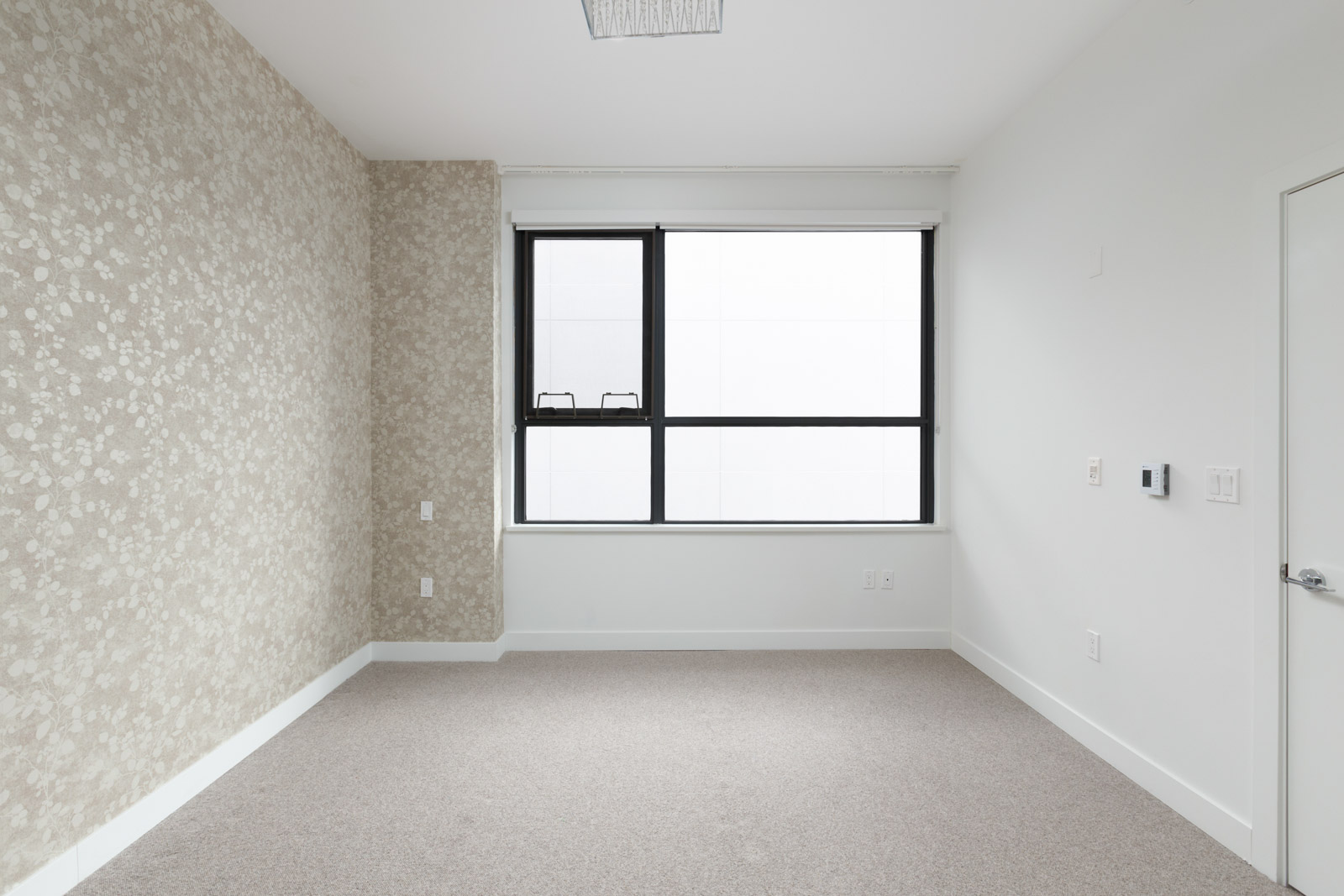 Empty room with beige carpet, floral patterned accent wall, white walls, large window, and closed white door.