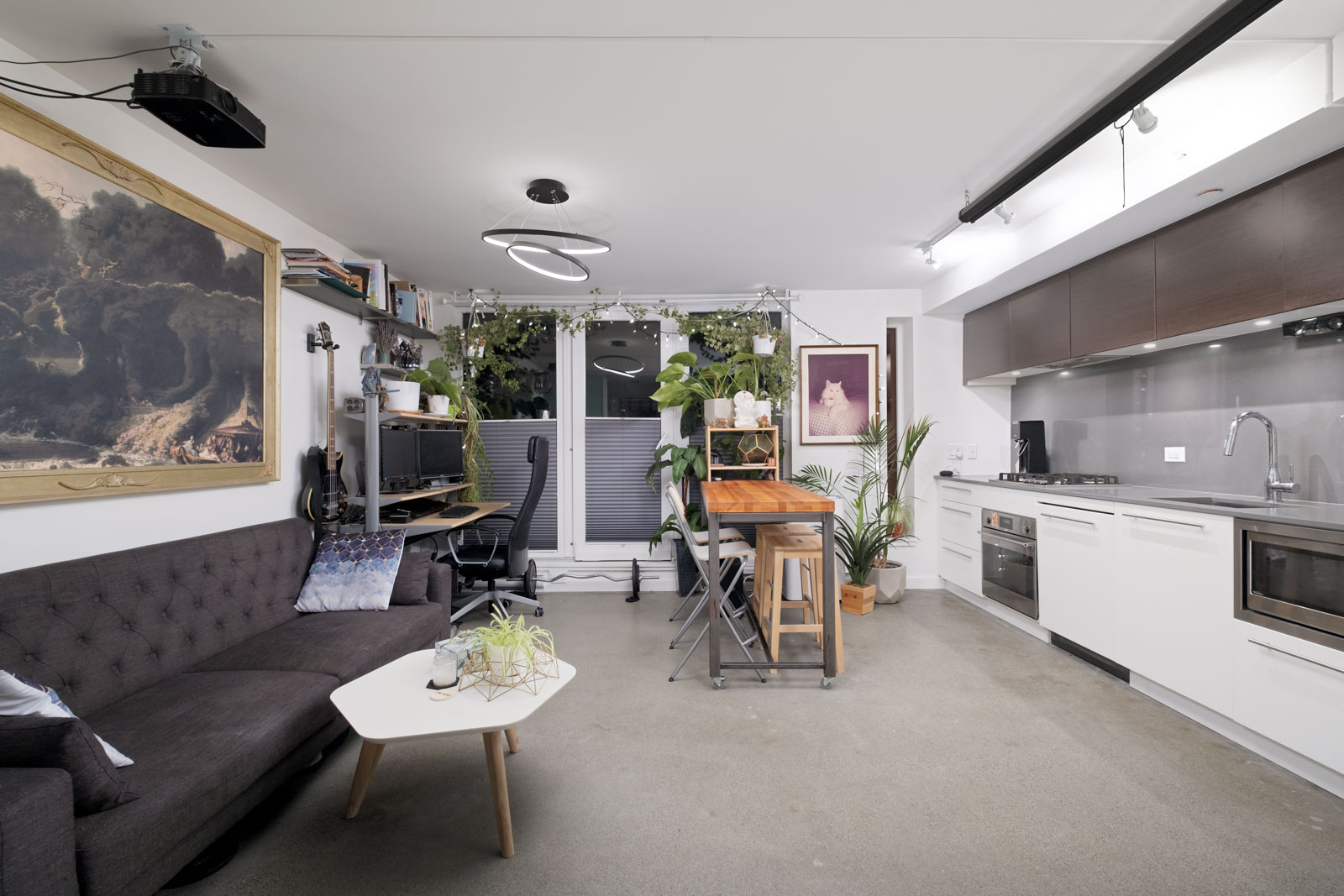 Modern open-plan living room and kitchen with grey sofa, artwork, indoor plants, a wooden table, computer desk, and built-in cabinets and appliances.