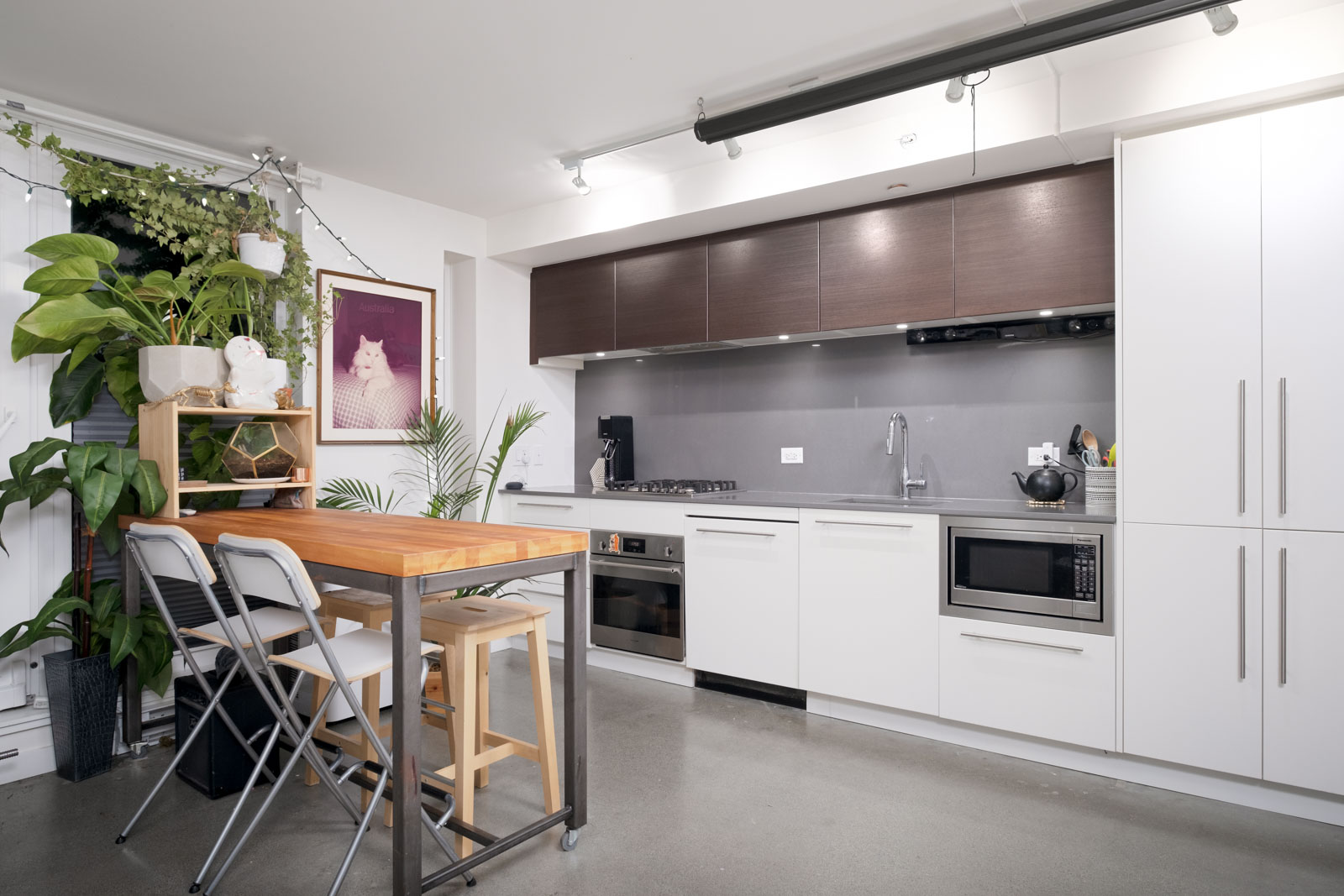 Modern kitchen with white cabinets, wooden dining table, folding chairs, potted plants, and a framed cat picture on the wall.