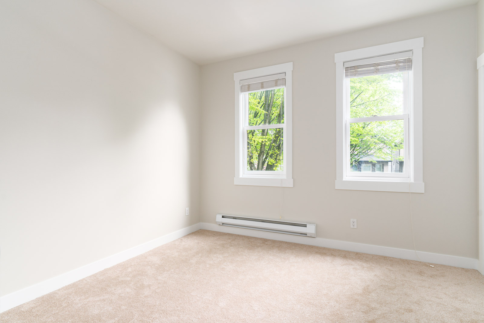 An empty, well-lit room with beige carpet, white walls, and two windows showing green foliage outside.