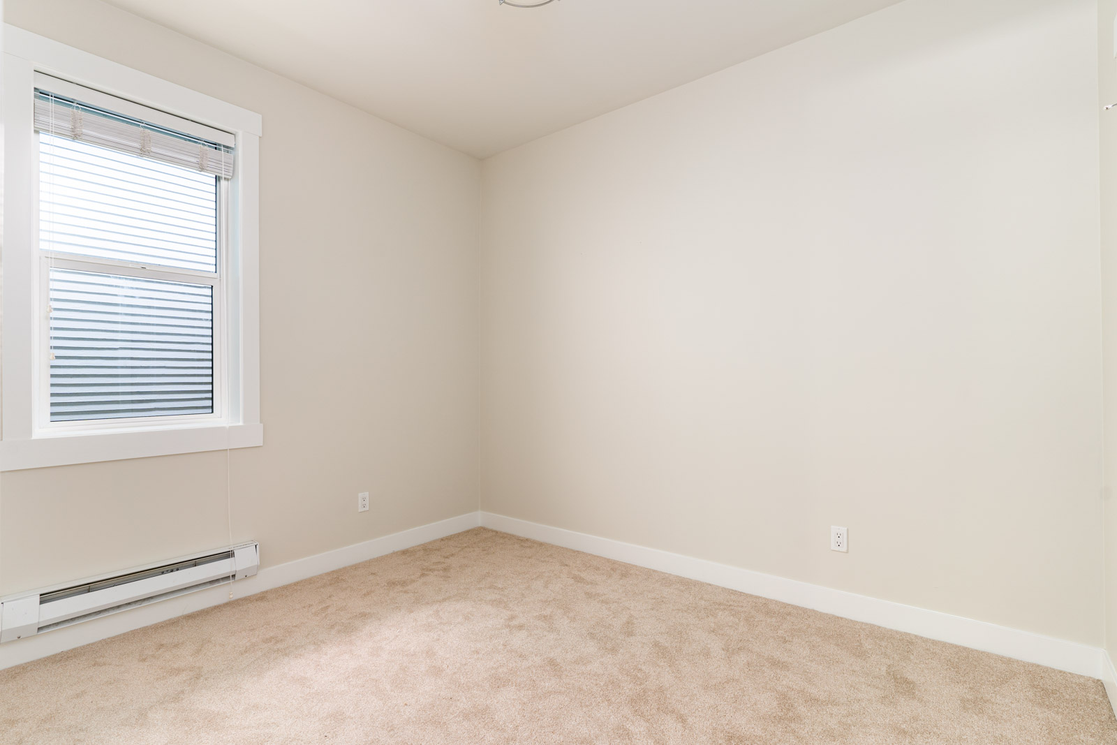Empty room with beige carpet, white walls, a window with blinds, and a baseboard heater.