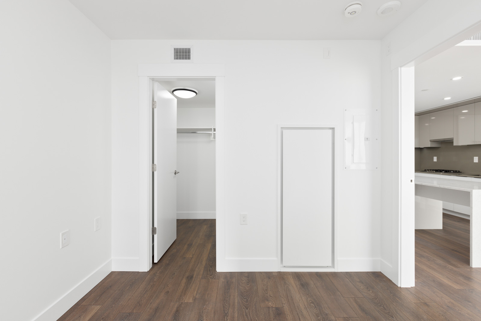 bedroom walk-in closet with dark wood floors