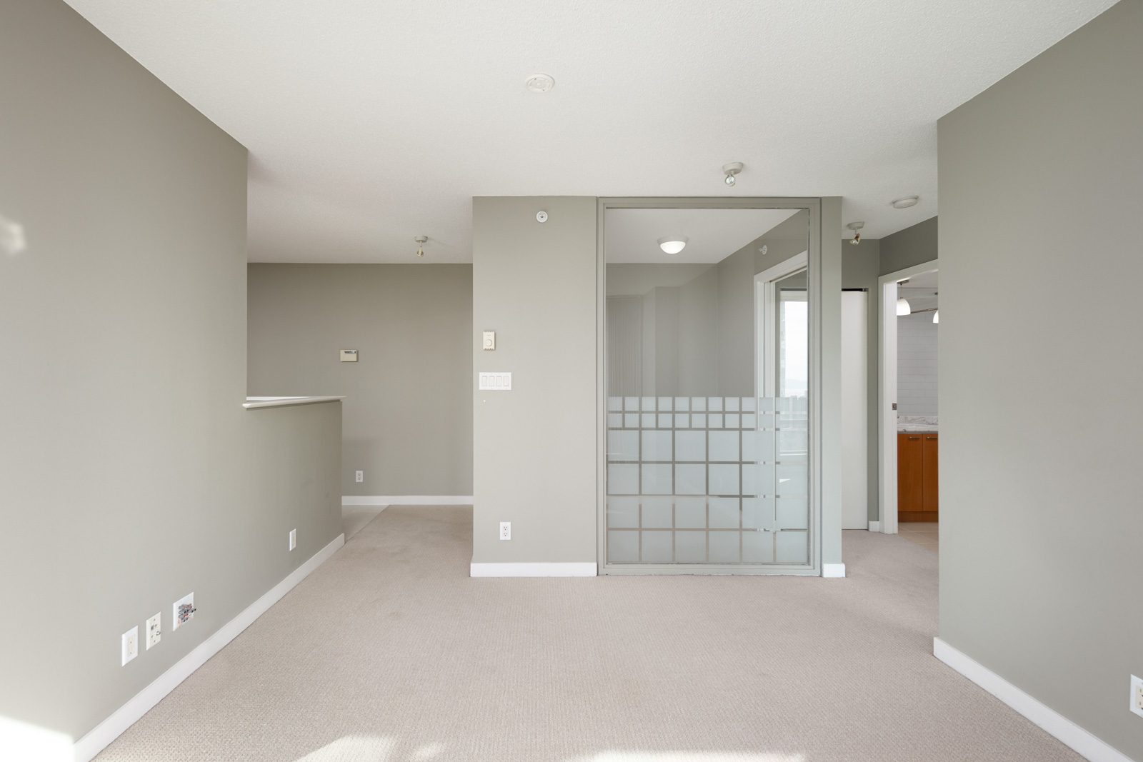 Empty room with light beige carpet, grey walls, a frosted glass sliding door, and a partially visible bathroom in the background.