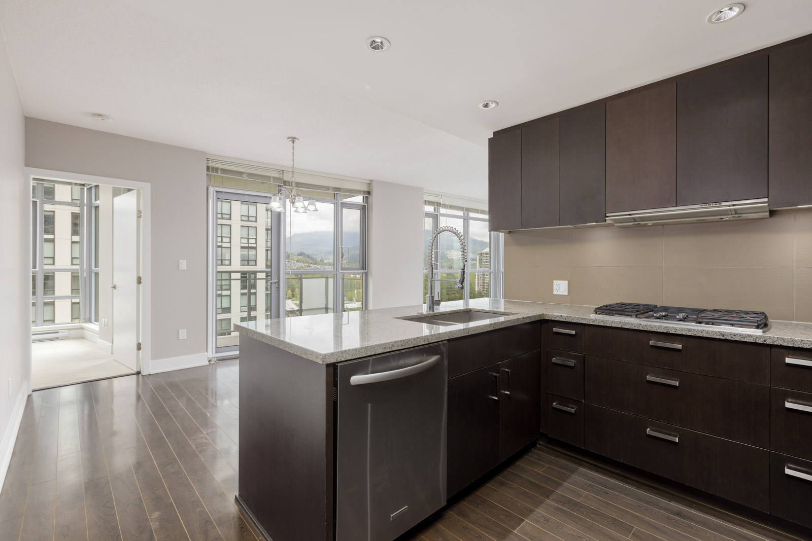 Modern kitchen with dark wood cabinets, stainless steel appliances, and a large island with sink. Open layout leads to a bright living area with floor-to-ceiling windows.