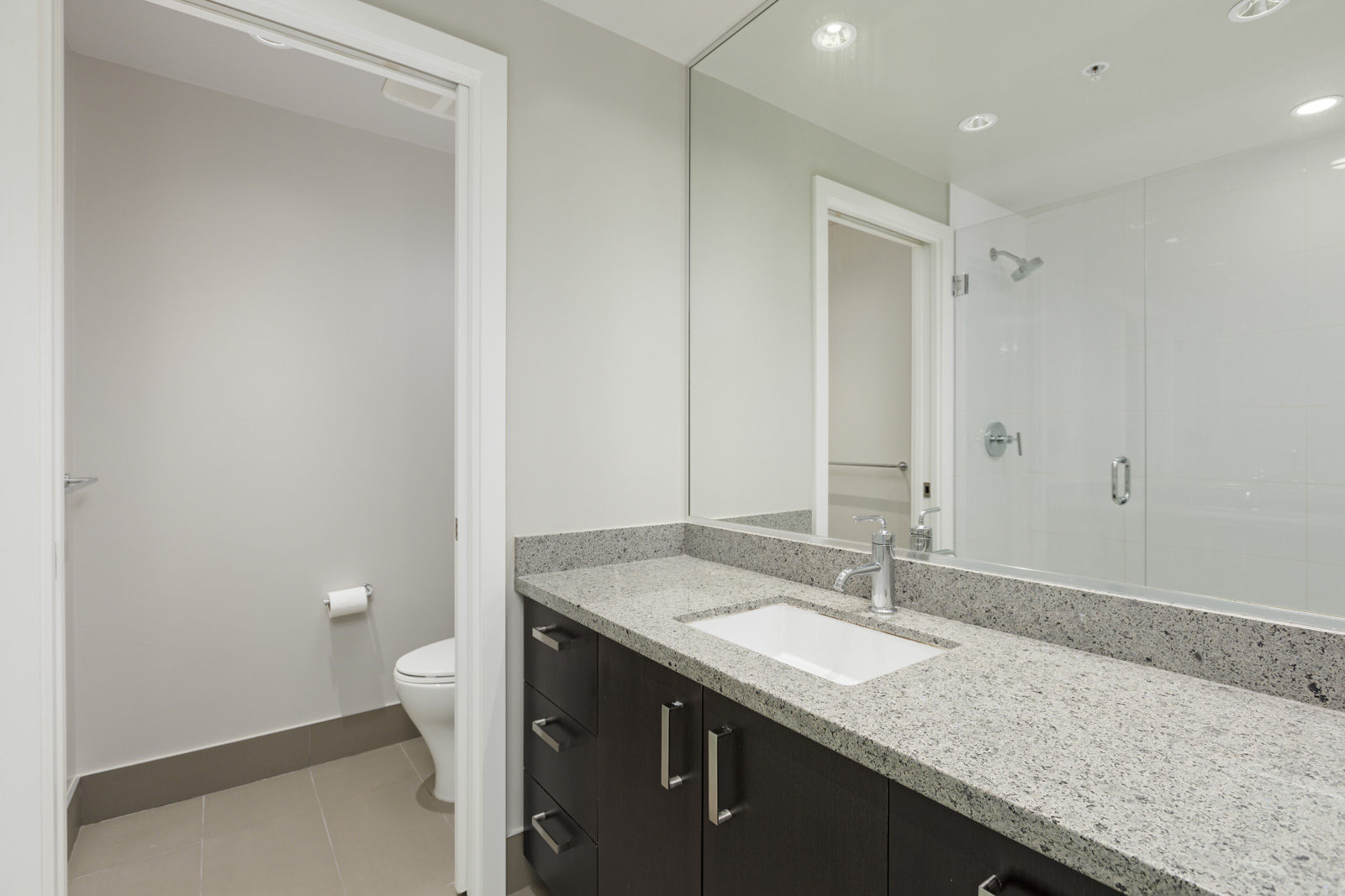 Modern bathroom with a granite countertop, sink, and dark cabinets. A large mirror reflects the opposite wall. A glass-enclosed shower and toilet are visible in the white-tiled room.
