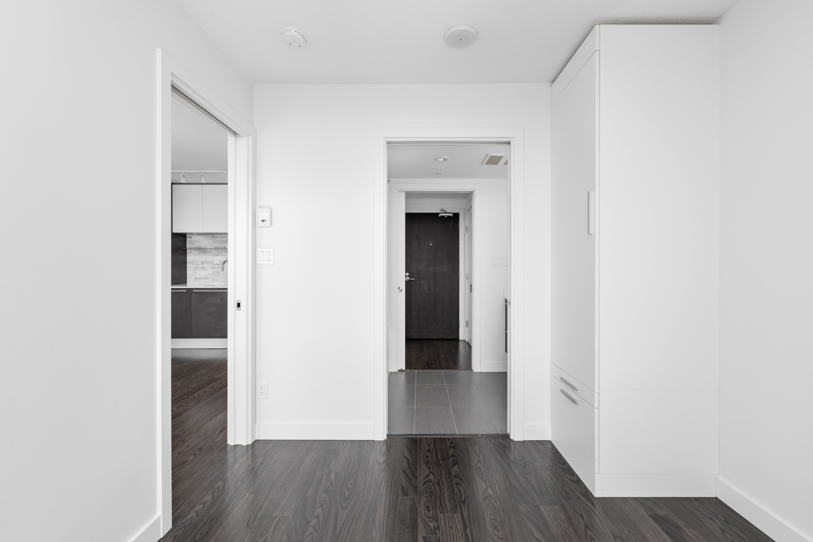 A minimalist interior hallway with white walls, dark hardwood flooring, and three doorways leading to different rooms.