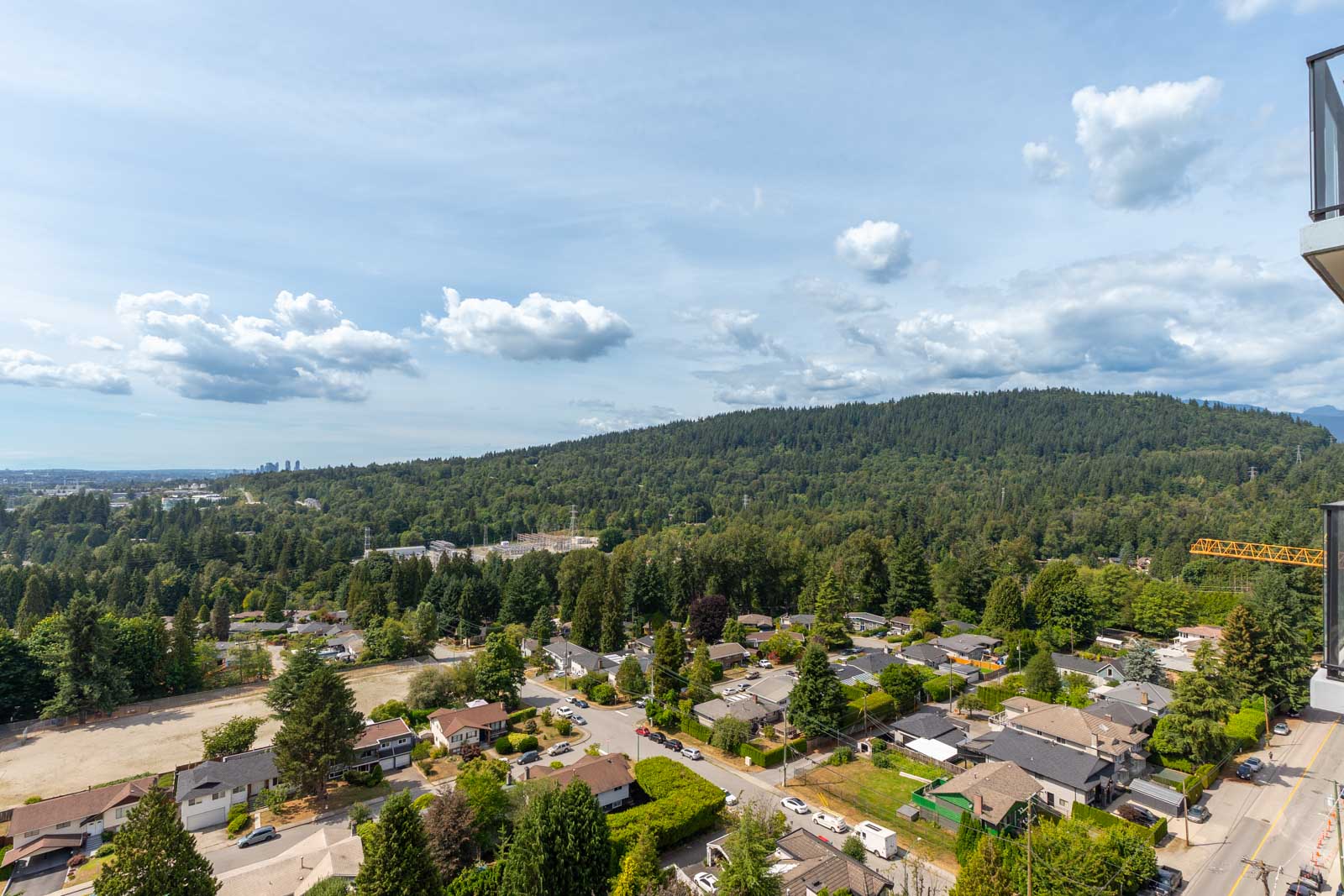 Aerial view of a residential neighborhood with houses and trees, set against a backdrop of a forested hillside and a partly cloudy sky.