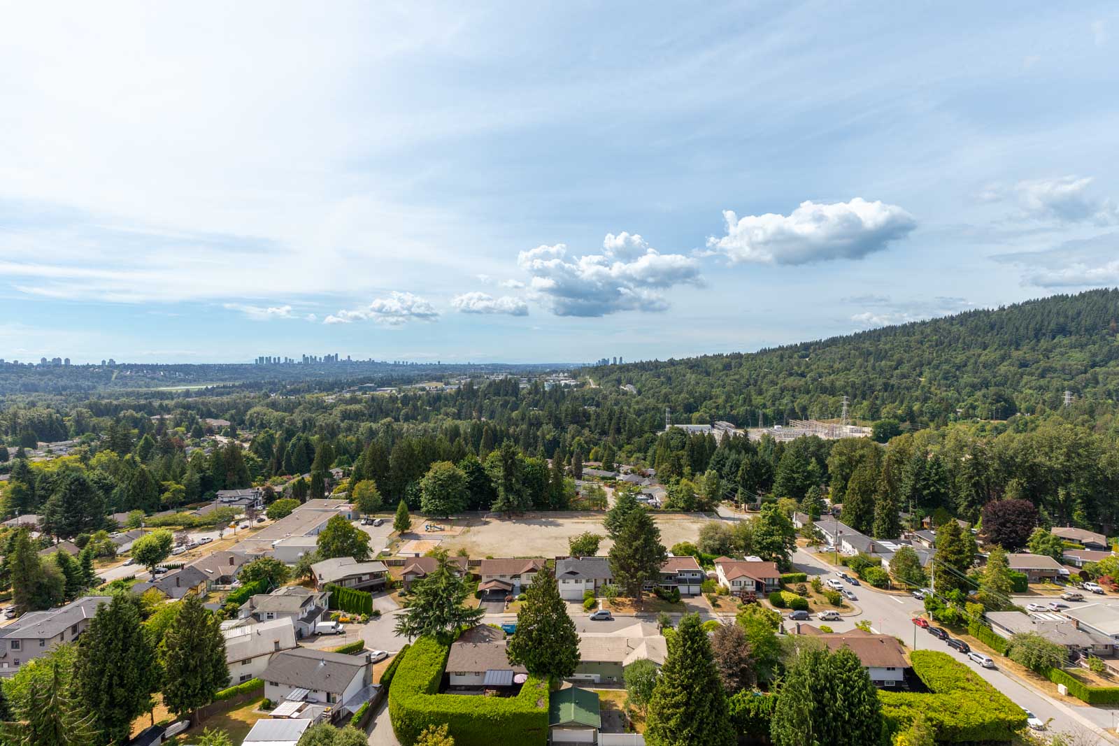 Aerial view of a suburban neighborhood with houses and lush green trees. Hills and a distant city skyline are visible under a cloudy sky.