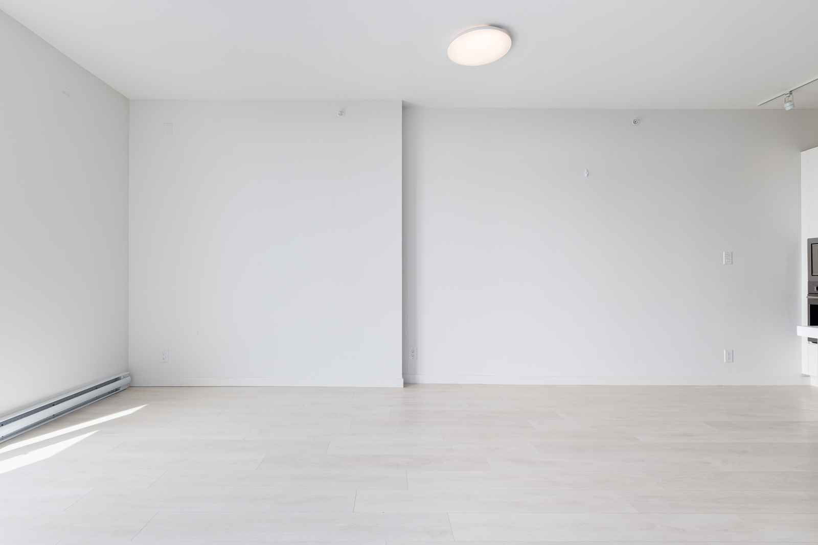 A spacious, empty room with white walls and light wooden flooring, featuring a ceiling light and a window casting soft natural light.