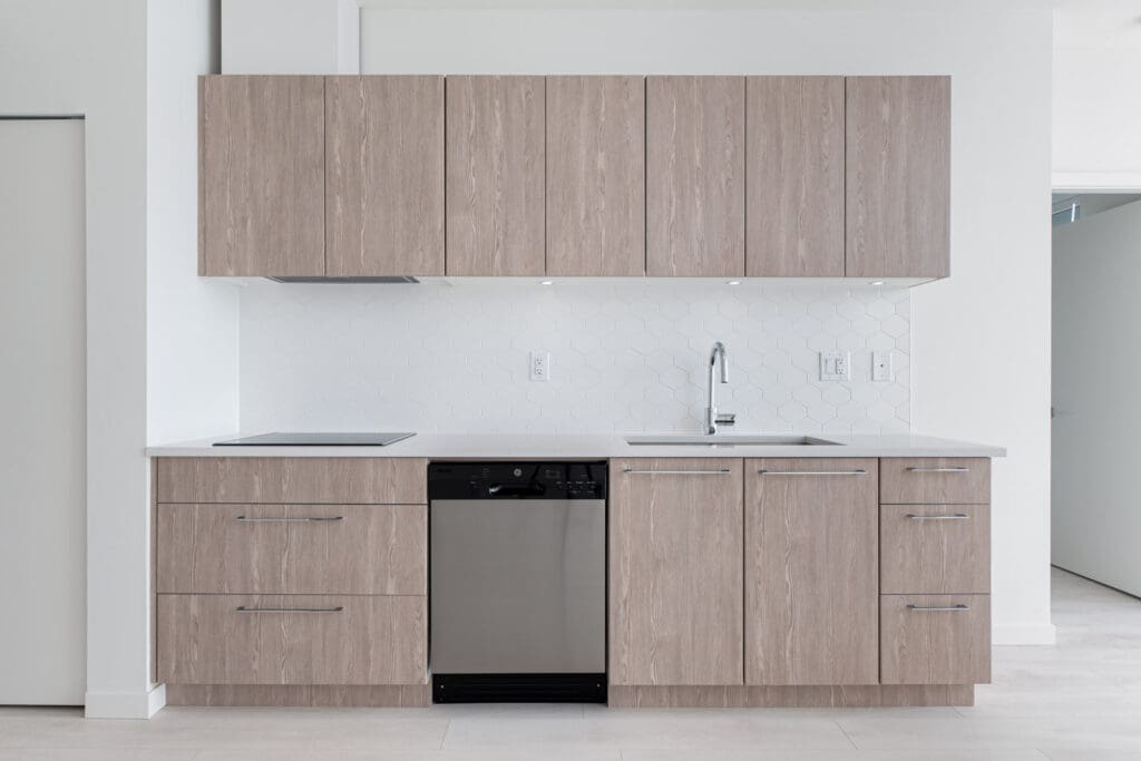 Modern kitchen with light wood cabinets, a white hexagonal tile backsplash, a sink with a chrome faucet, and a stainless steel dishwasher.