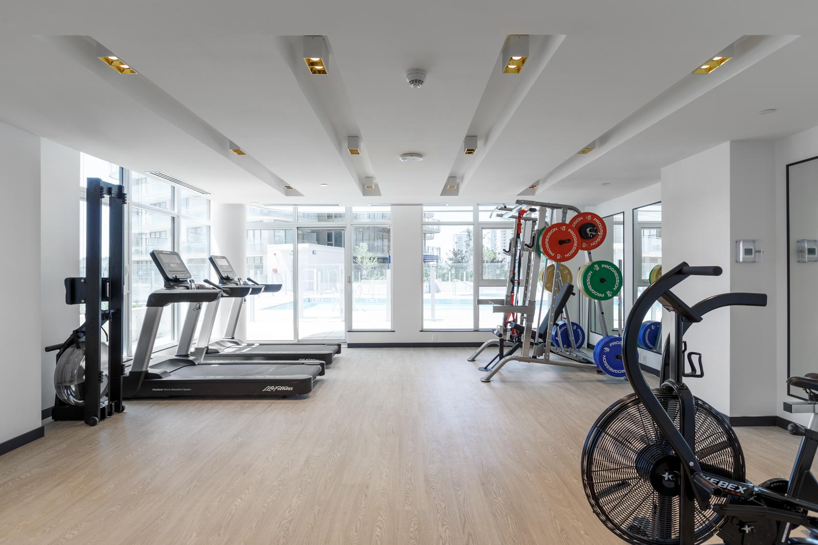 A modern gym room with treadmills, an air bike, and a weight rack against a large window.