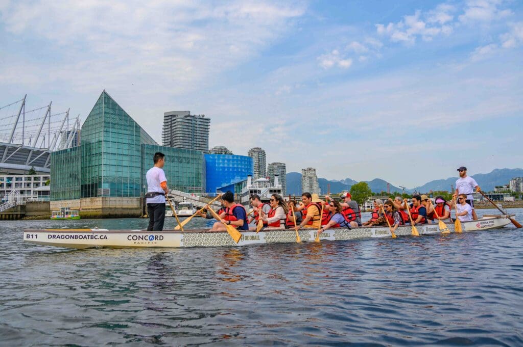 Dragon Boat team paddling in False Creek