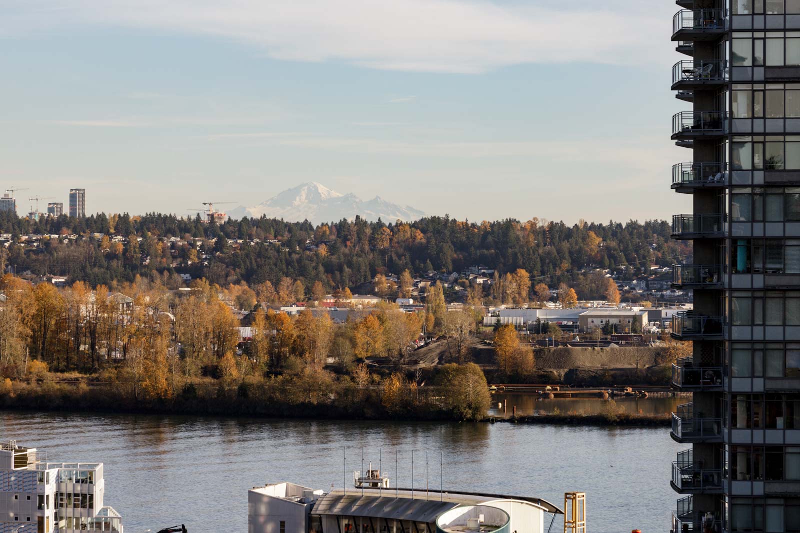 Cityscape with a river in the foreground, buildings on the right, and a forested area with distant mountains in the background under a clear sky.