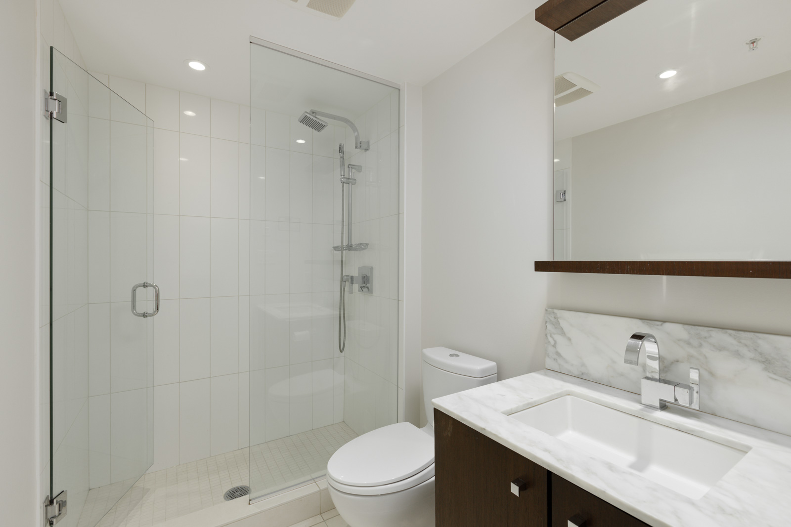 Modern bathroom with a glass-enclosed shower, a toilet, and a vanity with a marble countertop and sink beneath a large mirror.
