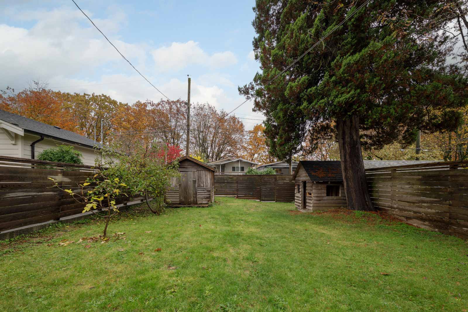 Backyard with green grass, a tree, a small wooden shed, and a doghouse, surrounded by a wooden fence. Autumn leaves on trees in the background.