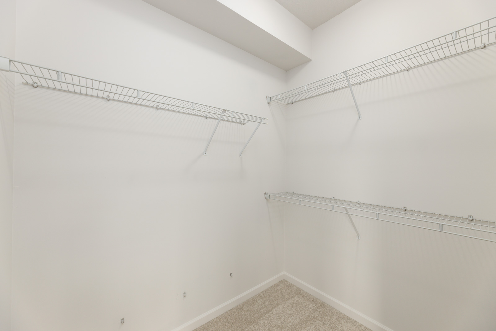 Empty walk-in closet with white walls, beige carpet, and wire shelving units on three sides.