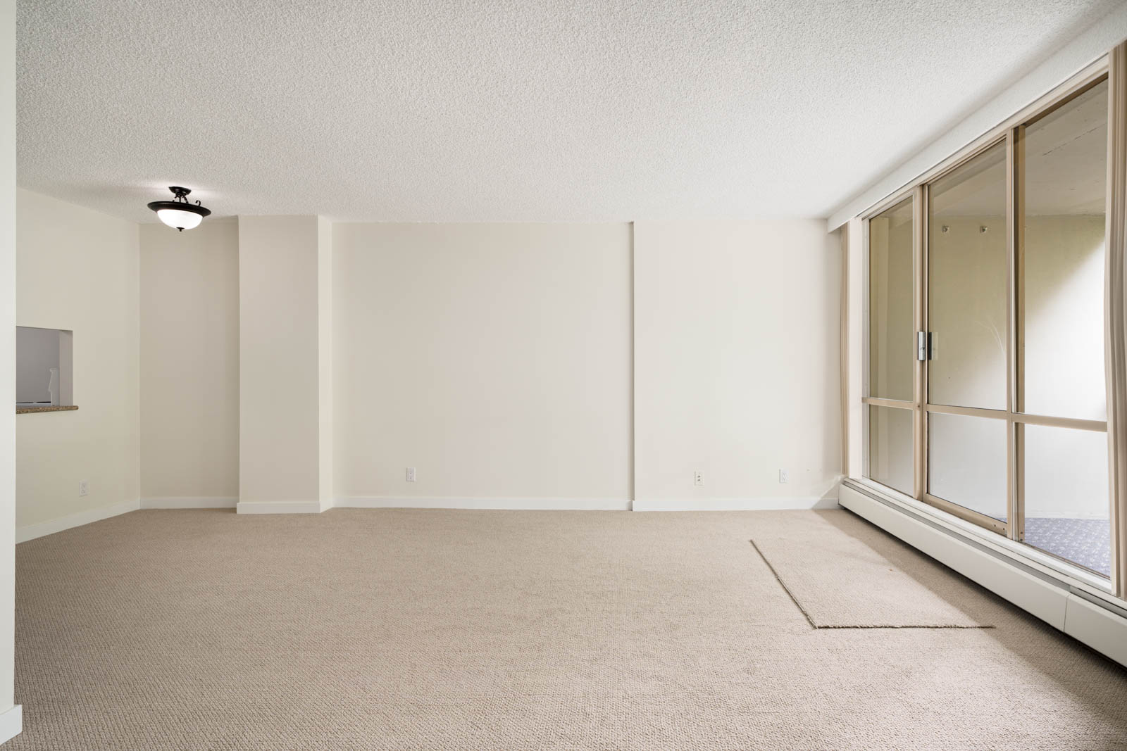 Empty room with beige carpet, white walls, a ceiling light, and large sliding glass doors leading to a small enclosed area.