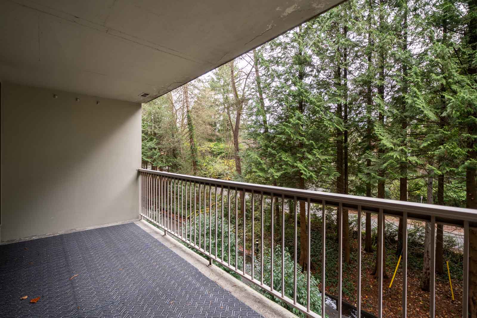 A balcony with a black mat floor and metal railing overlooks a green forested area with tall trees.