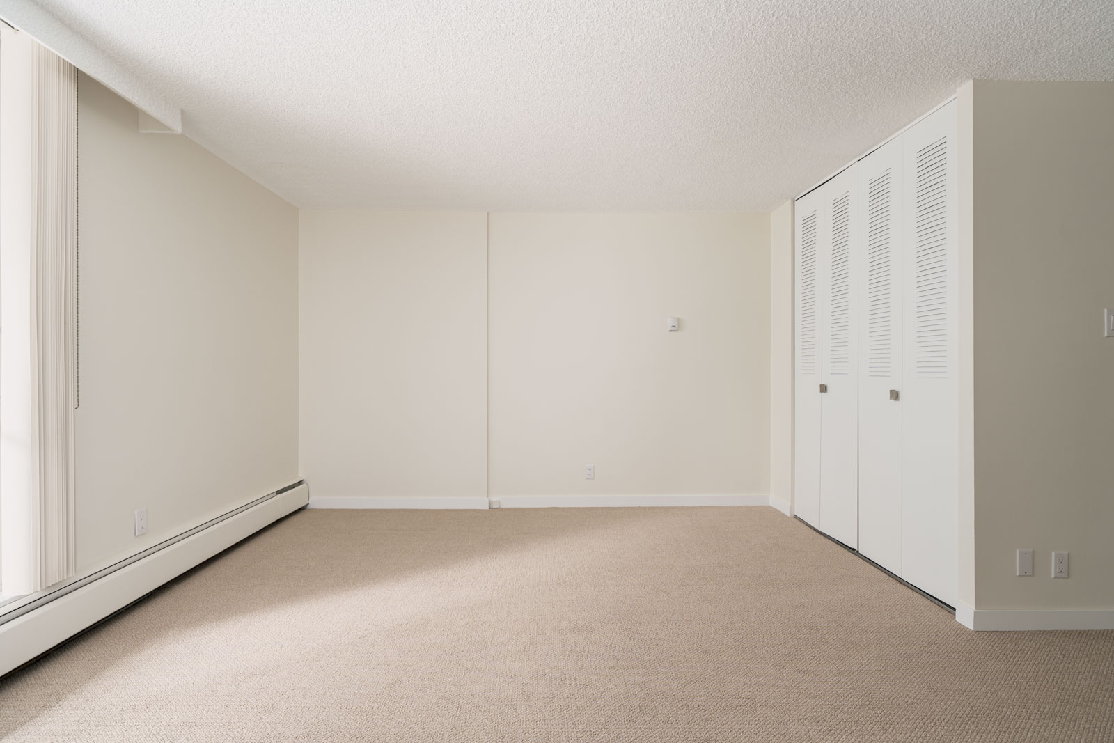 Empty beige room with carpet flooring, a large window, and closed white closet doors on the right wall.