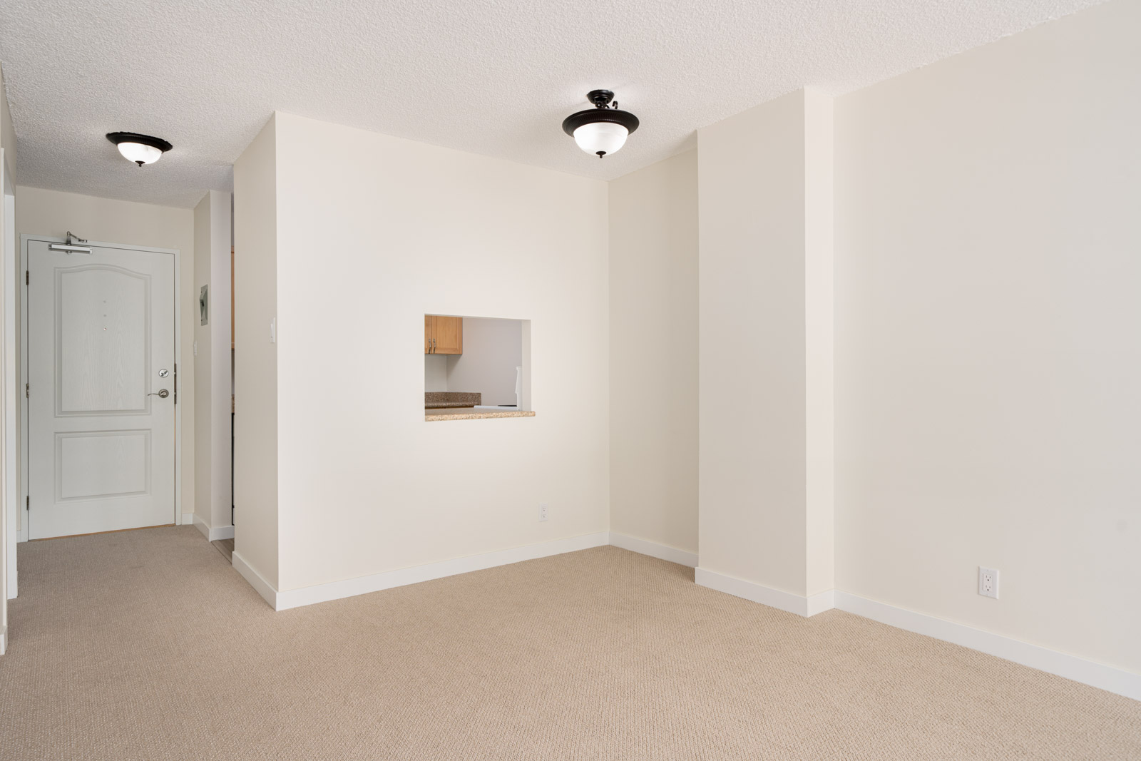 Empty room with white walls, beige carpet, a small kitchen pass-through window, and a closed white door. Two ceiling lights are visible.