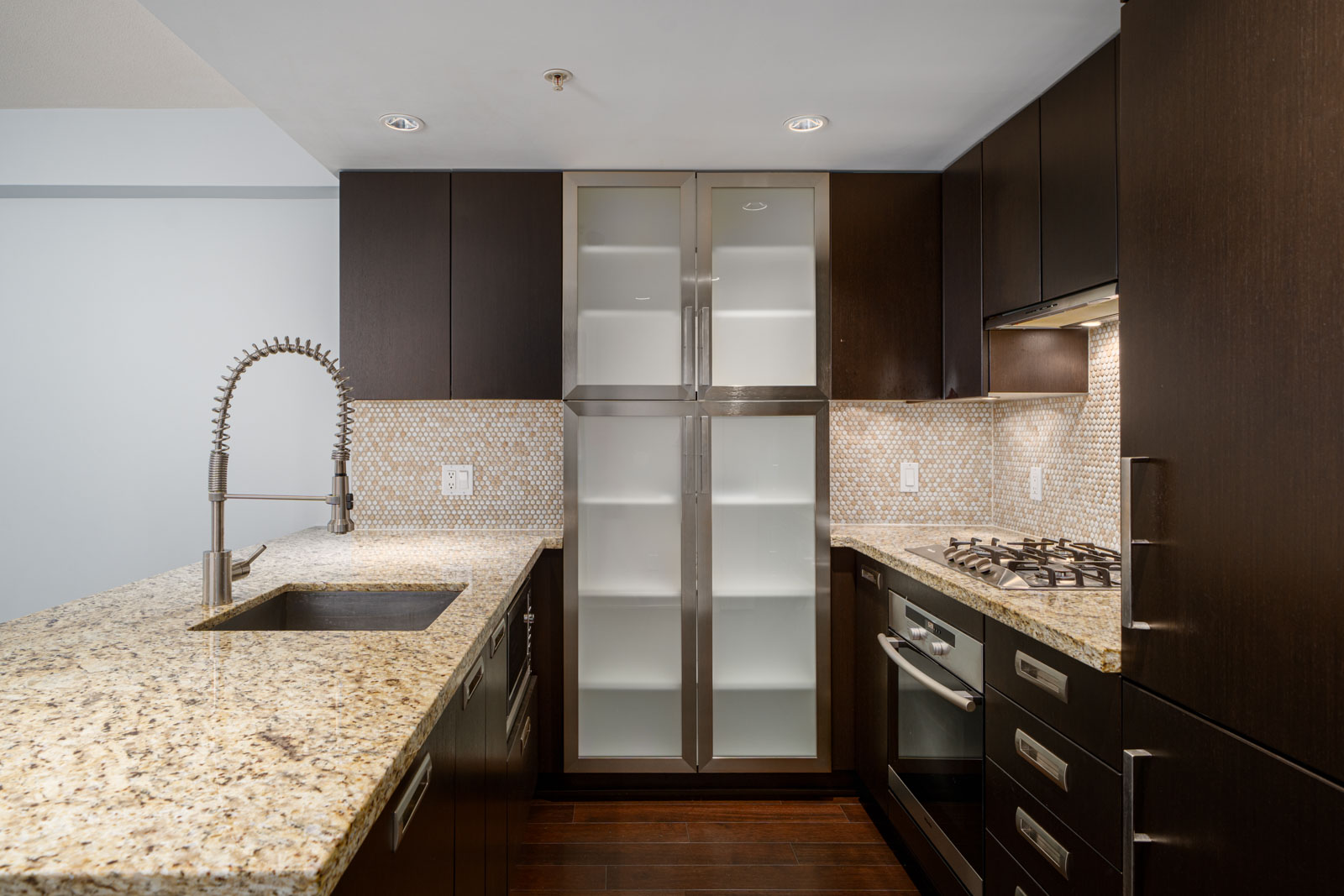 Modern kitchen with dark cabinets, granite countertops, stainless steel appliances, and a large, stylish faucet. Lighted glass cabinets add a decorative touch.
