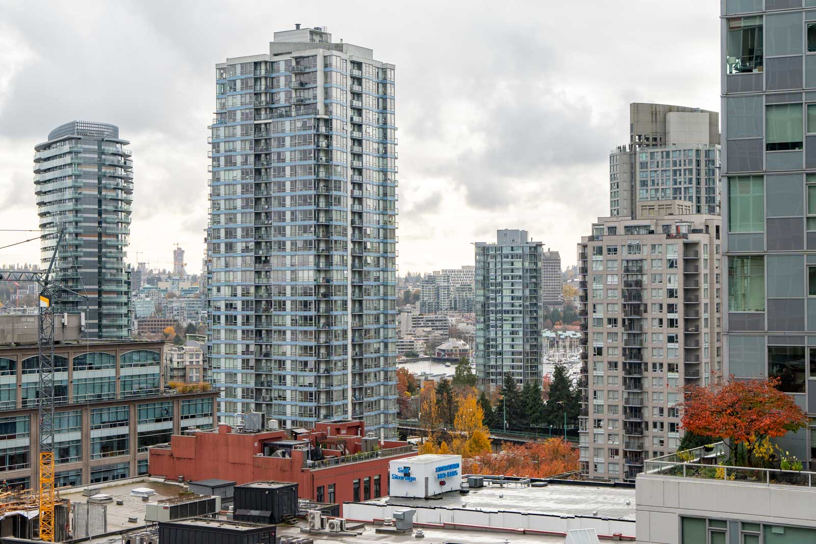 Urban skyline with tall buildings on a cloudy day, featuring a mix of modern and older architectural styles, with autumn trees visible between structures.