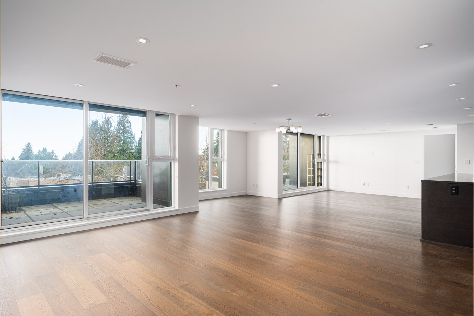 Spacious, empty living room with wooden floors, large windows, and a view of trees.