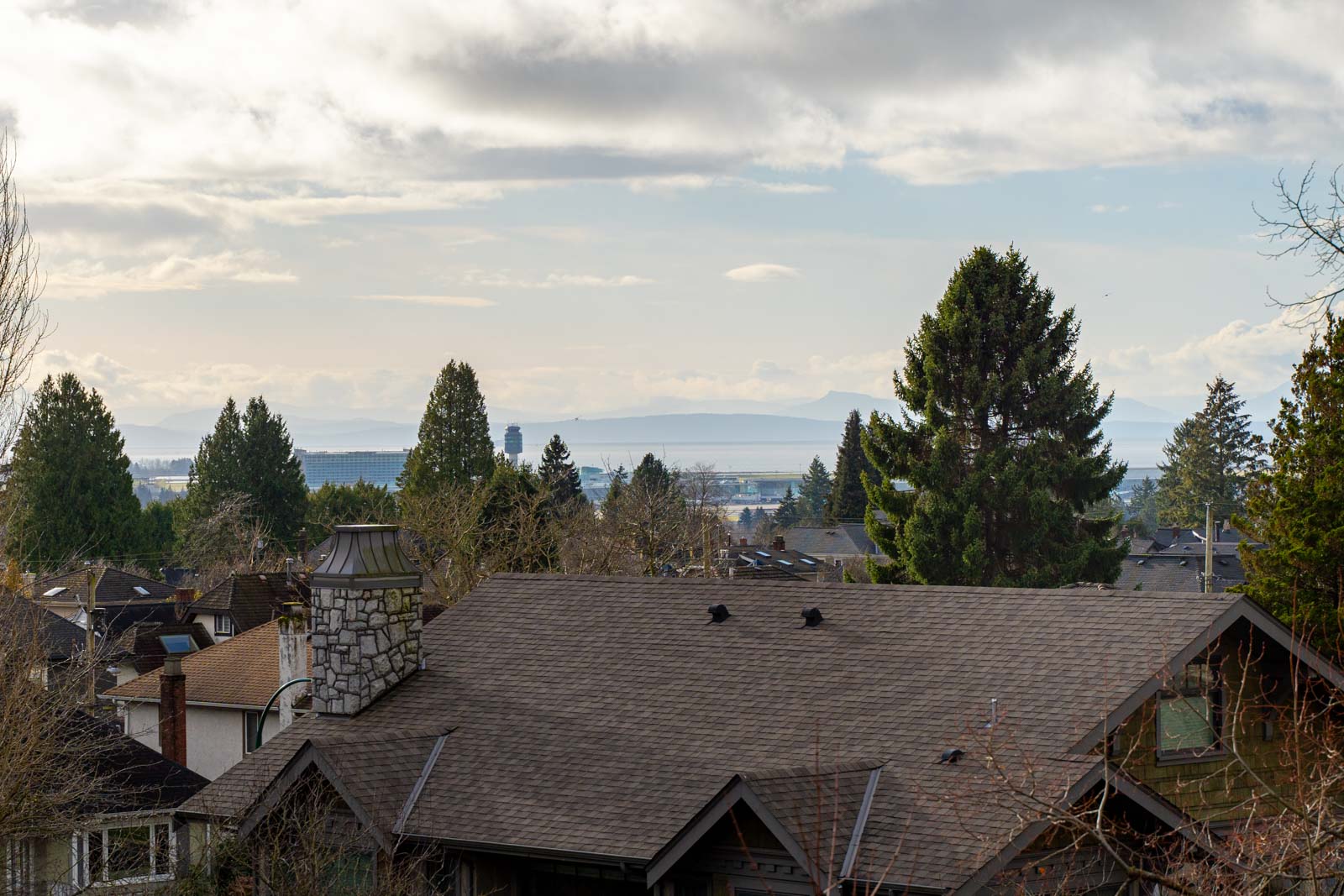 Rooftop view with evergreen trees, distant mountains, and cloudy sky. Crows are perched on the roof in the foreground.