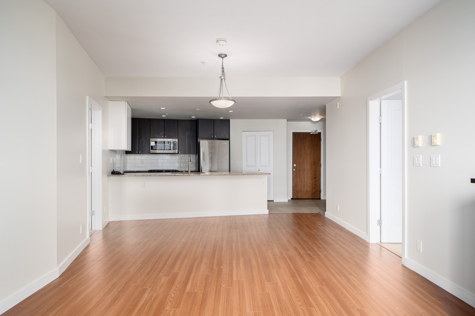 Modern apartment interior with an open floor plan. Features hardwood floors, a kitchen with dark cabinets, stainless steel appliances, and a central light fixture. Neutral-colored walls and doors.