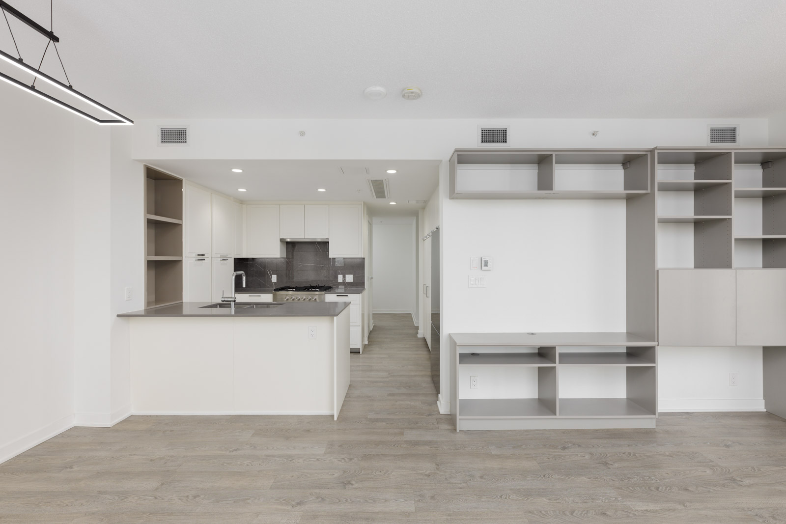 Modern, empty kitchen and living area with light wood flooring, white walls, open shelves, and gray built-in cabinets.