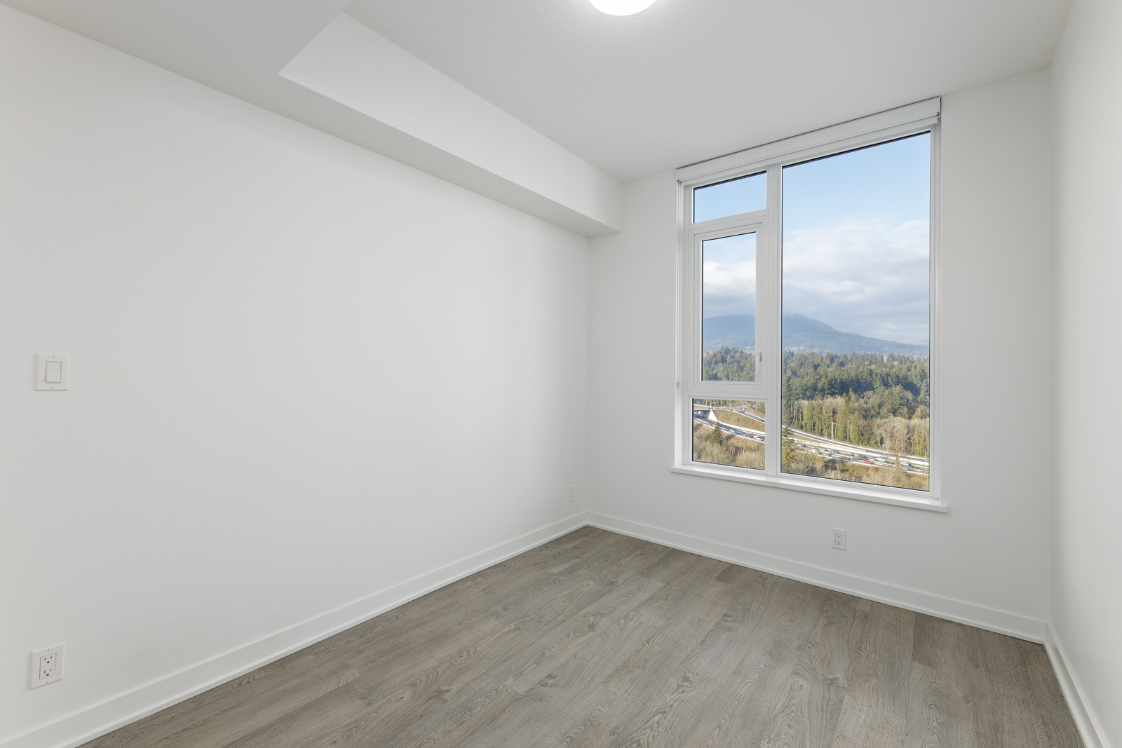 Empty room with light gray wooden flooring, white walls, a ceiling light, and a large window showing a view of mountains and trees.