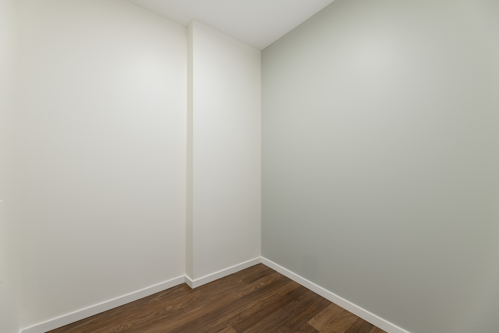 Empty corner of a room with light gray walls and dark wood flooring.
