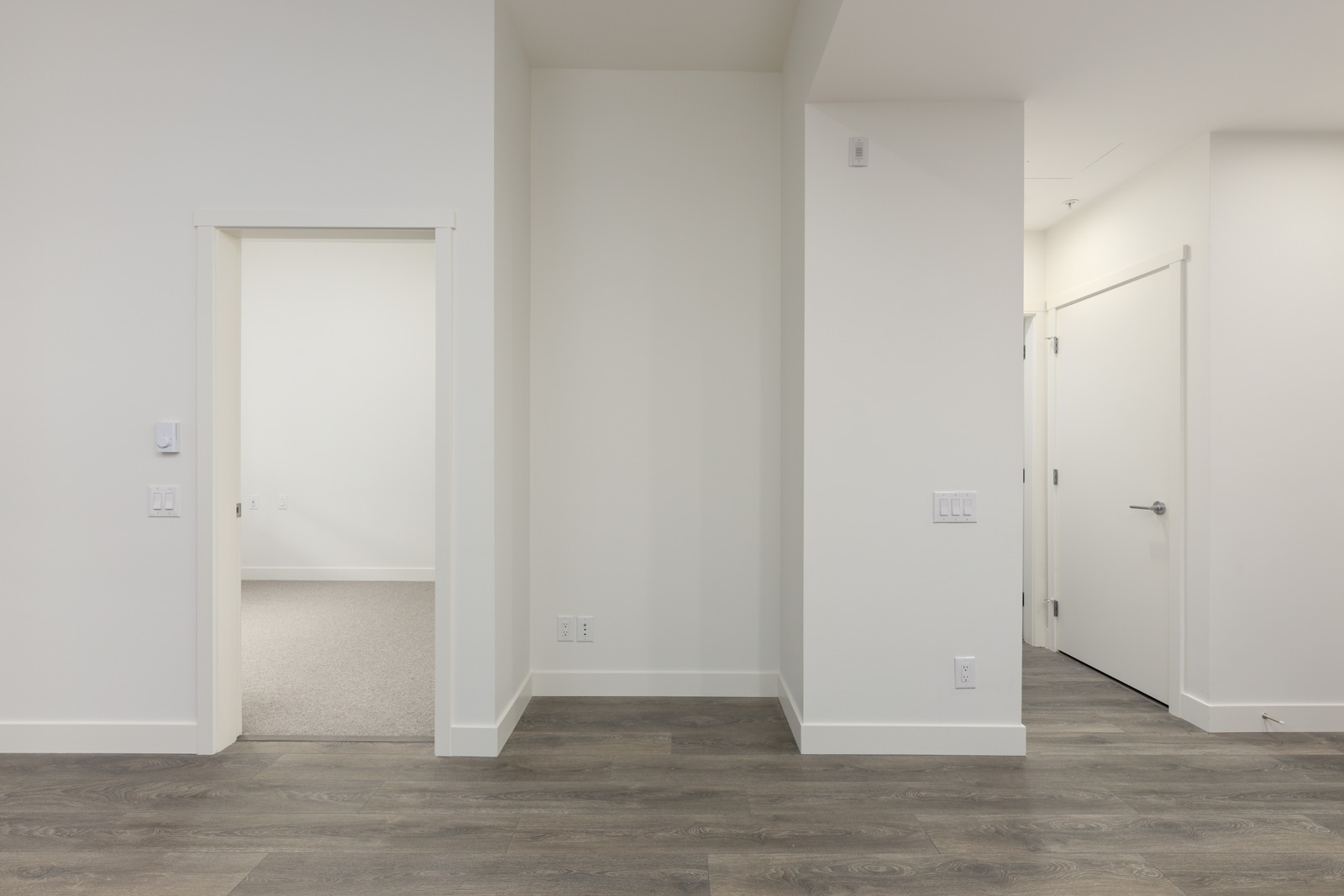 Interior of a room with white walls, wooden floor, and two open doorways; one leads to a carpeted space, the other to a hallway with a white door.