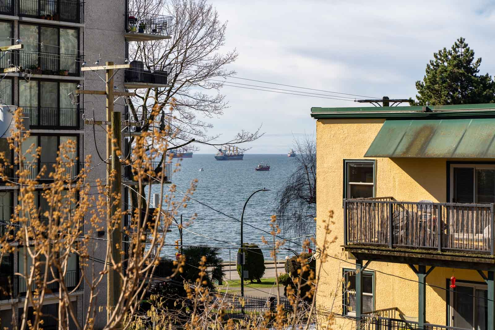 View between two buildings of ships on the ocean with trees and power lines in the foreground.